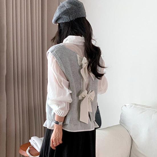 Women Knitted Vest Round Neck Sleeveless Crop Tank Back Bow Tie Decor Hollow Back Solid Color Sweater Vest