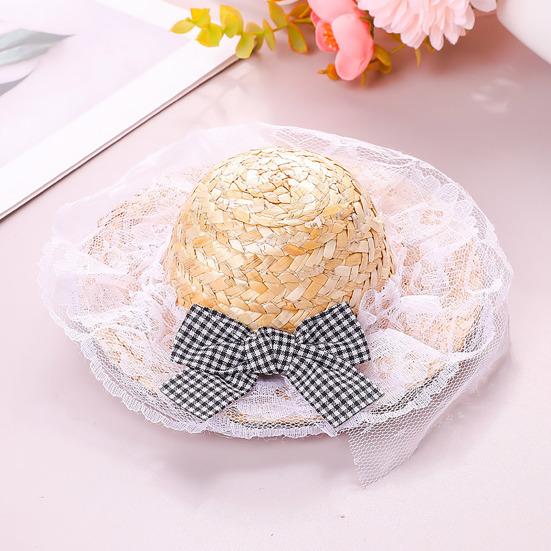 Cat Straw Hat Lace Ruffle Cute Bow Cat Sun Hat Elastic Strap Adjustable Retro Sun Hat for Cats Small Dogs Sun Protection Photo Prop
