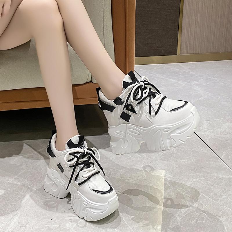 Fashion 10.5CM Wedge Heels Shoes For Women Leather Casual Shoes White Black High Top Chunky Sneakers Woman Vulcanized Lace Up Mesh Shoes