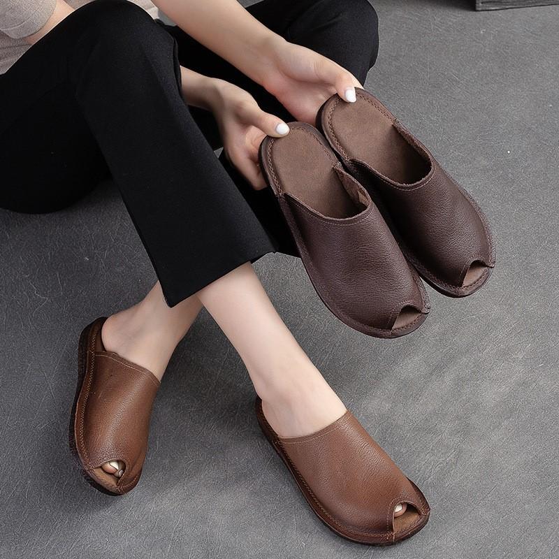 Johnature Pantofole piatte traspiranti con suola morbida Ciabatte aperte vintage in vera pelle Scarpe da donna versatili