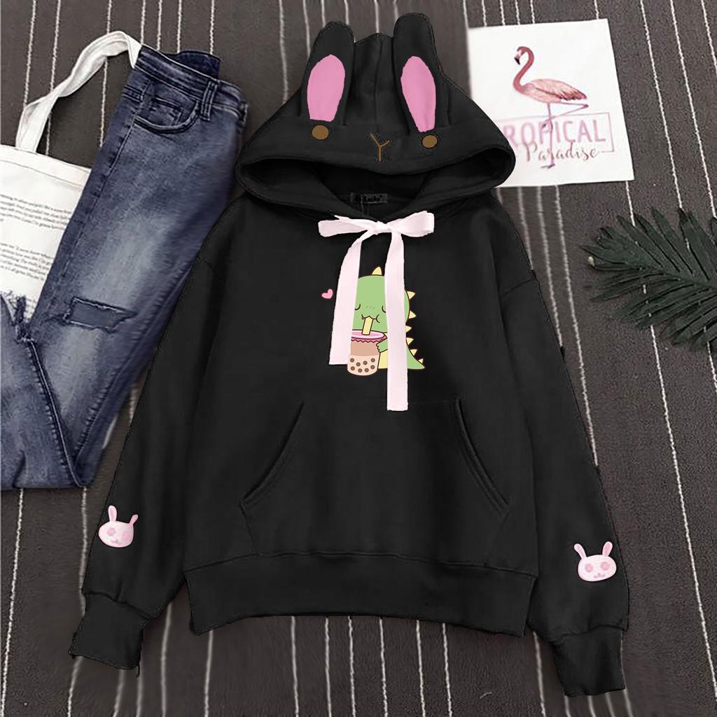 Women's Casual Fashion Embroidered Cute Rabbit Ear Dinosaur Print Pocket Hooded Sweatshirt