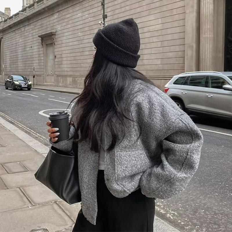 Giacca Casual Monocolore con Collo Alto Cardigan Oversize Giacche alla Moda Tasca Grande Top Largo Primavera Autunno Capispalla da Donna