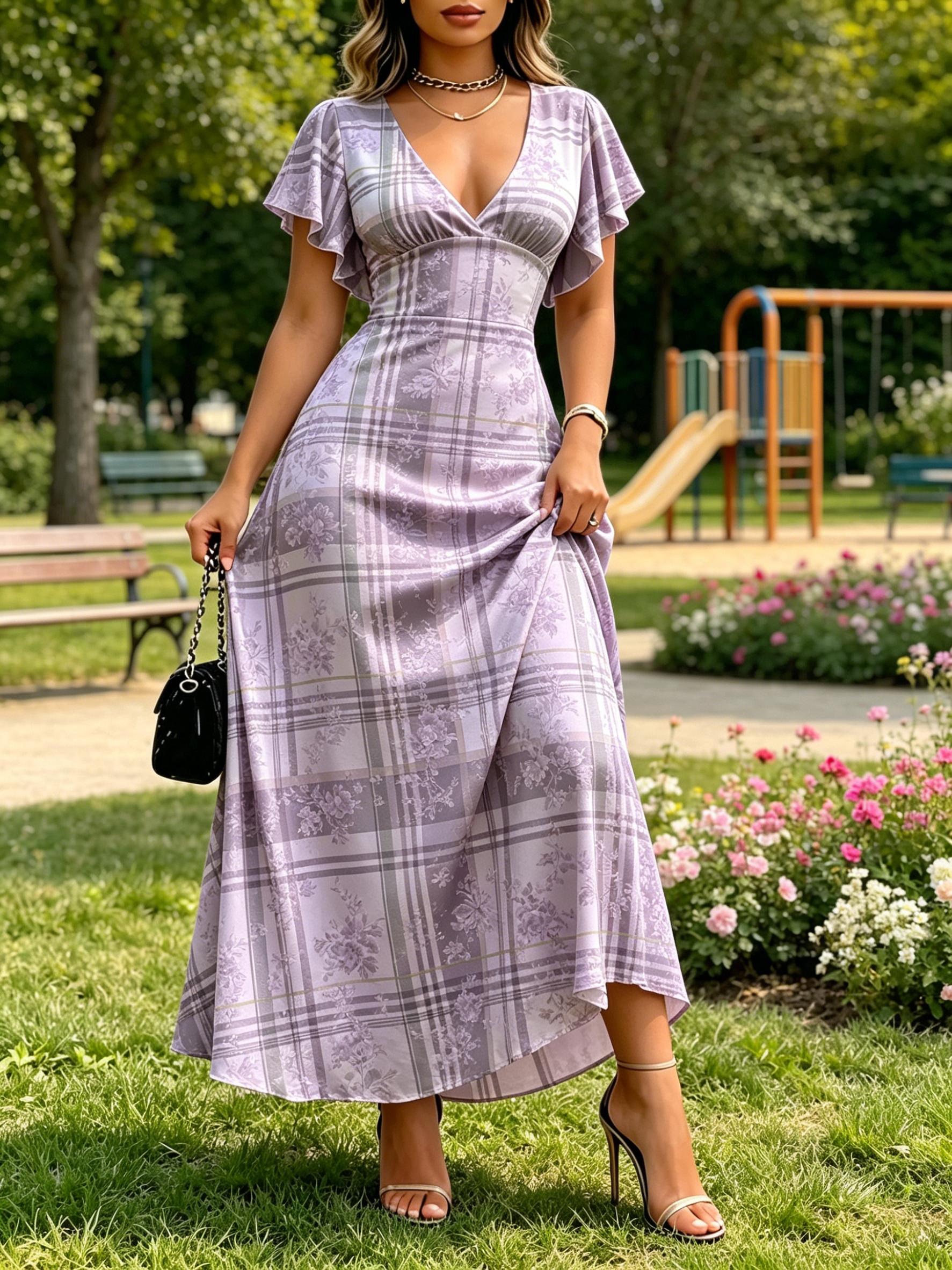 Women Plaid Floral Print Maxi Dress V Neck Flutter Sleeve Summer Casual Party Dress XS