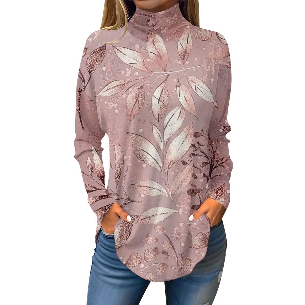 Tee Shirts For Women Fall Casual Long Sleeve Shirts Sweatshirt Vintage Printed High Neck Top Pullover