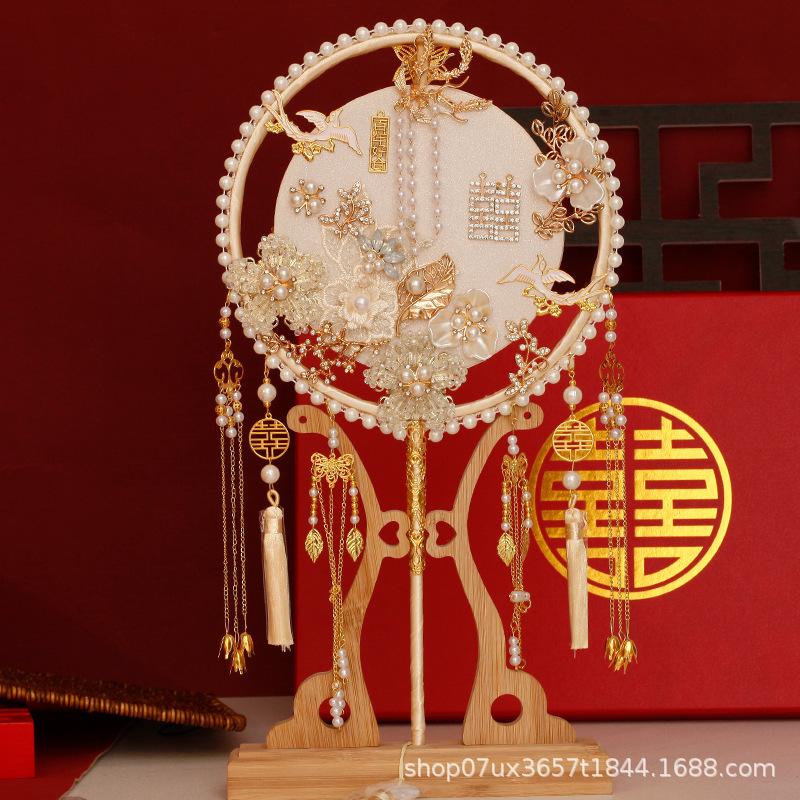 Two-color Double-sided Heavy Embroidery Bridal Wedding Fan DIY Kit - Xiu He Style