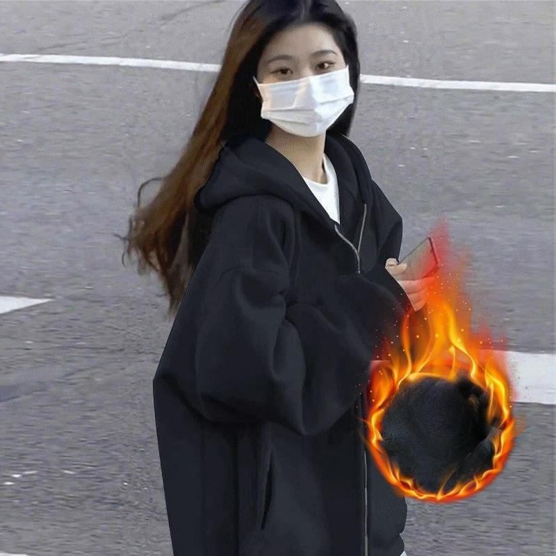 Jacket Women's Spring, Autumn and Winter Models Plus Velvet Hooded Sweater Women's Small Lazy Style Loose Casual Cardigan