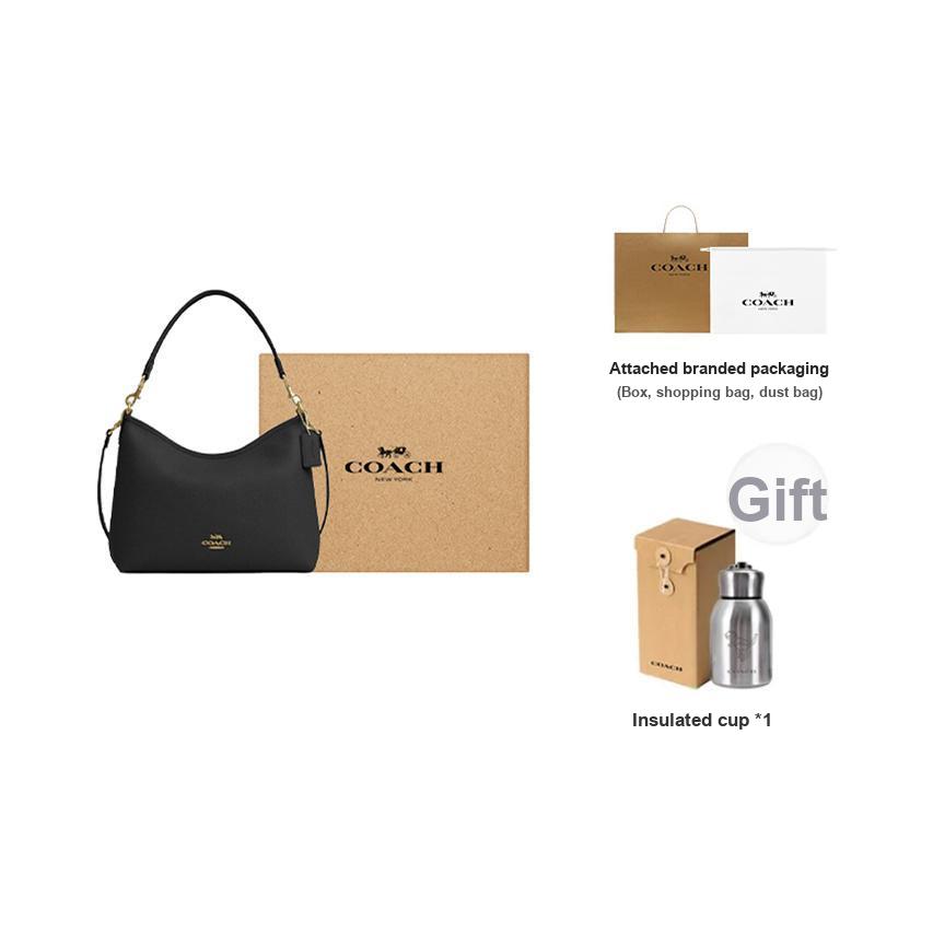 Coach Laurel 31 Logo Reißverschluss Kieselsteinleder Tragetasche Crossbody Umhängetasche Große Damen Taschen Gold Schwarz CR148-IMBLK