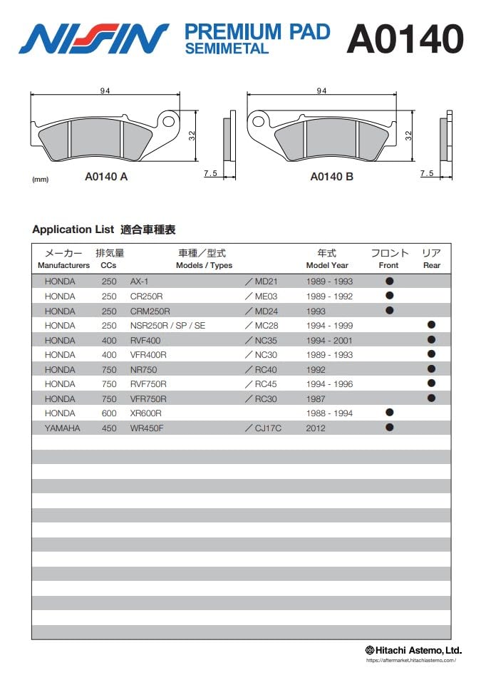Nissin Marke Bremsbelag BREMSBELAG Premium Belag Semi-Metall Teilenummer A0140 1SATZ 2 Räder Motorrad