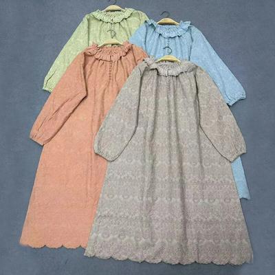 Forest Embroidery Long Sleeve Dresses Women Spring Summer Cotton Side Neck Loose Midi Female Dresses