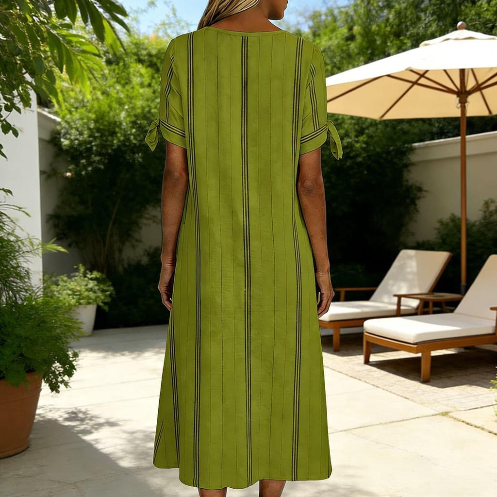 Women Summer Casual Round Neck Striped Dress Short Sleeve Loose Fit Midi Dress with Side Tie Sleeves and Pockets