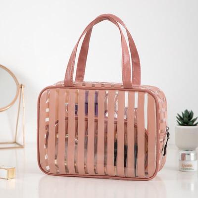Transparent PVC Striped Makeup Bag – Waterproof, Portable, Large Capacity Toiletry Travel Organizer