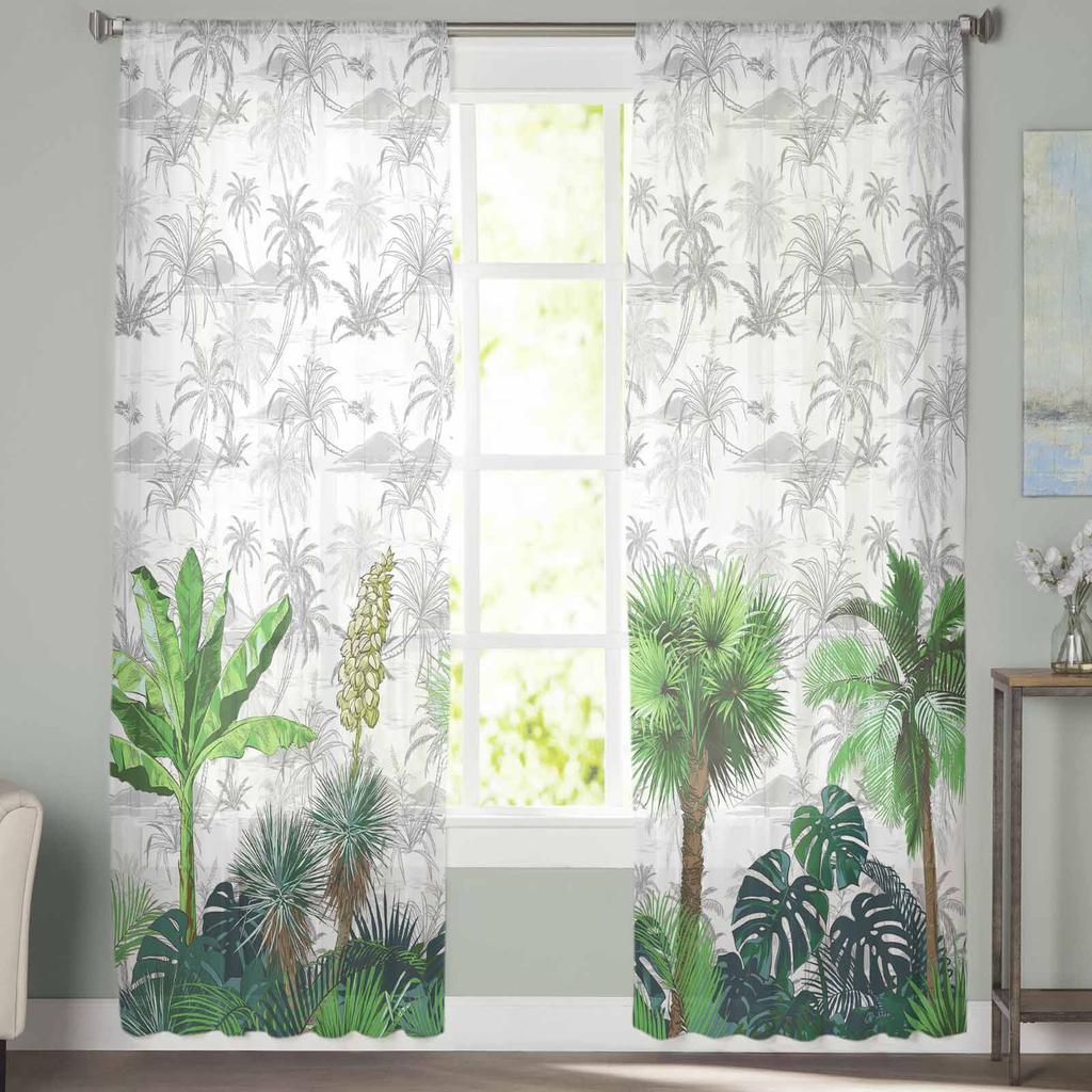 Summer Hand Drawn Tropical Plants Window Tulle Curtains for Living Room Bedroom Hotel Luxury Decoration Sheer Curtains