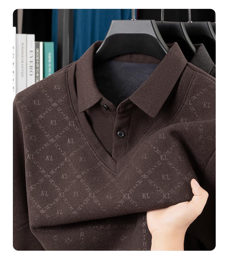 Fleece-Lined Two-Piece Lapel Polo Shirt: Men's Warm Autumn/Winter Casual Print Top