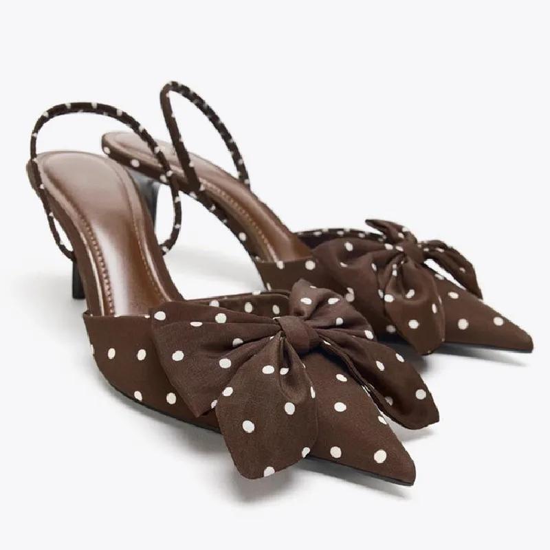 Fashion Polka Dot Print Butterfly Knot Decoration High Heels Women Sexy Pointed Toe Stretchy Back Strap Design Pumps Elegant Dress Shoes