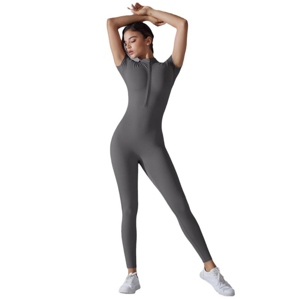 European-American Open-Neck Zipper Jumpsuit: Sexy, Tight-Fitting Short-Sleeve Dance & Yoga Bodysuit for Women