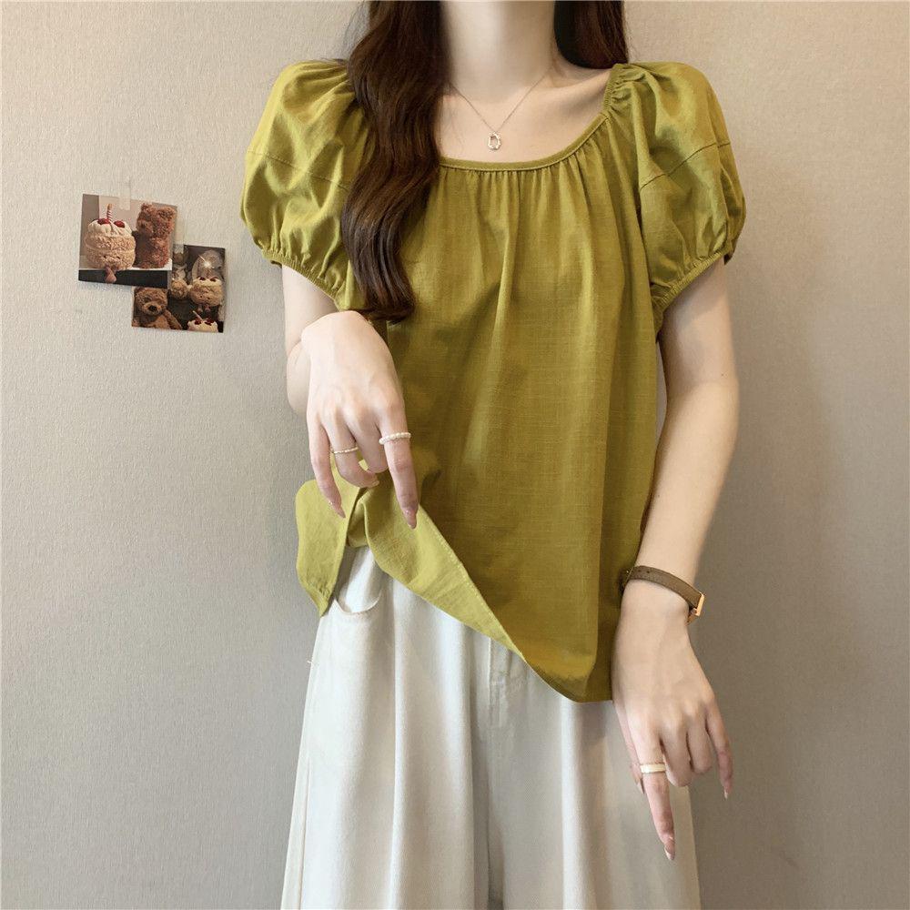 

Plus Size Women s Pleated Puff Sleeve Summer Top - Loose, Slimming, Belly Covering, Versatile and Fashionable. 3XL (recommended 80.5-90 kg) золотой