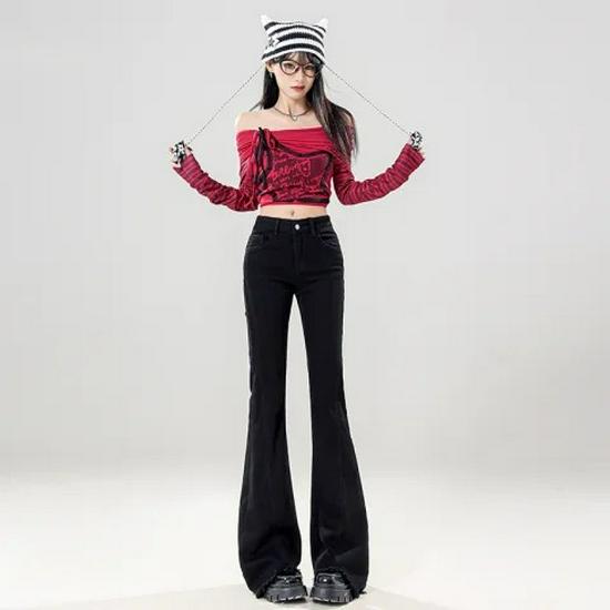 Women's Black High-Waisted Micro-Flare Jeans - 2024 Autumn/Winter Slimming Bell Bottom Pants