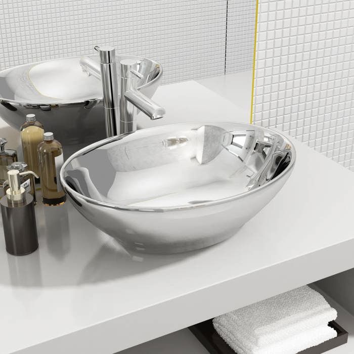 Lavabo en céramique argenté - VIDAXL - Ovale - 40 cm - A poser