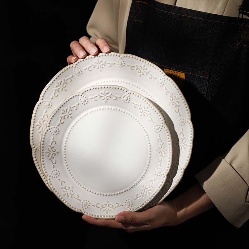 European-Style Relief Ceramic Plate, Retro Court Kiln-Changed Lace Plate, Household Western Food Plate, Breakfast Plate, Coffee Cup Set