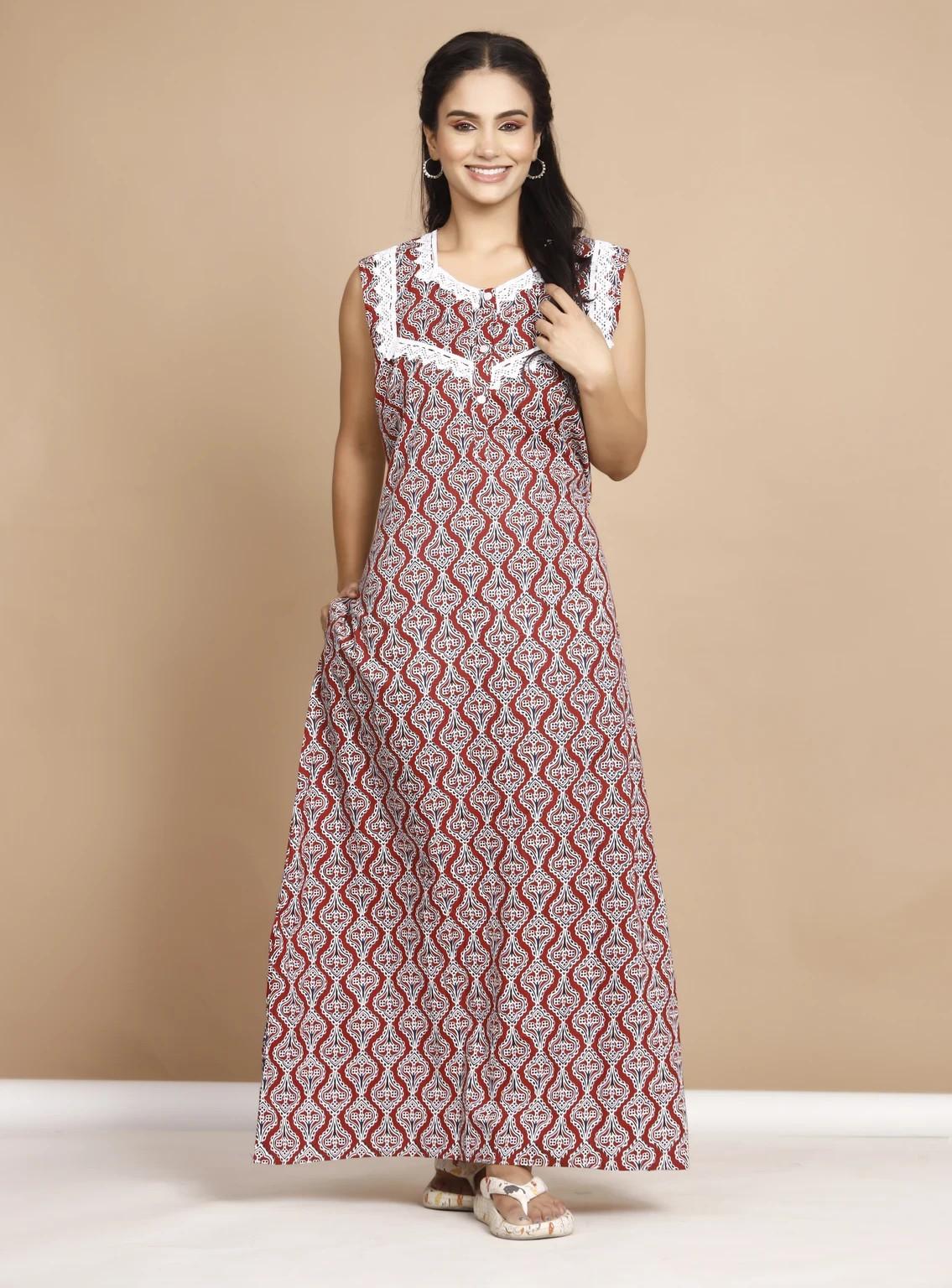 Pure Cotton Women s Ajrakh Printed Nighty Indian Desigenr Nightwear Maxi Gown Free