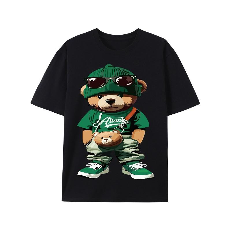 

European sizes Summer Cute Bear Print Crew Neck T-shirt, Men s Soft Short Sleeve Top, Stylish Comfy Tee For Casual Wear 4XL чорний