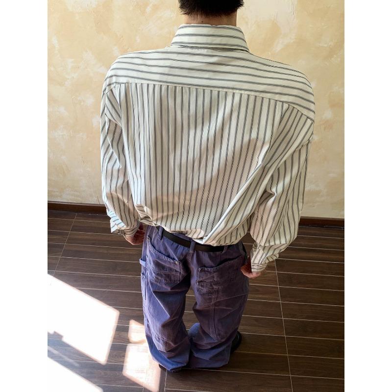 Spring New Striped Simple Lapel Shirt Men's High-end Retro Long-sleeved Top