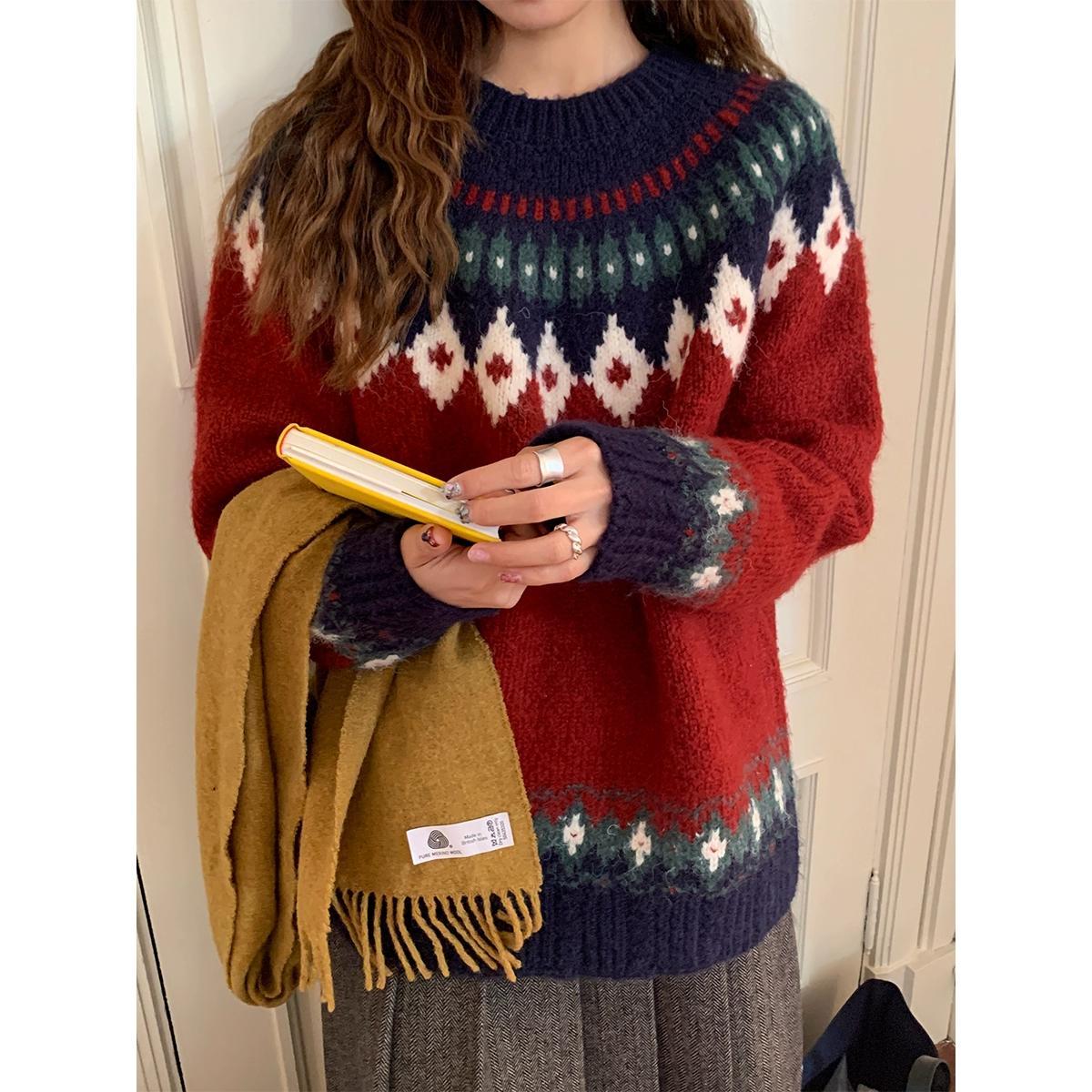 

DIMANAF 2025 Осень Женские Новые Свитера Вязание Базовый Модный Стиль с Круглым Вырезом Свободный Красный Пуловер Свитер One Size красный