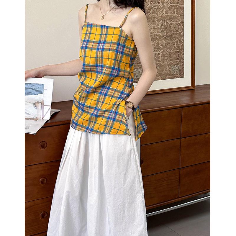 2024 Summer Orange Retro Color Block Plaid Irregular Camisole Sleeveless Top
