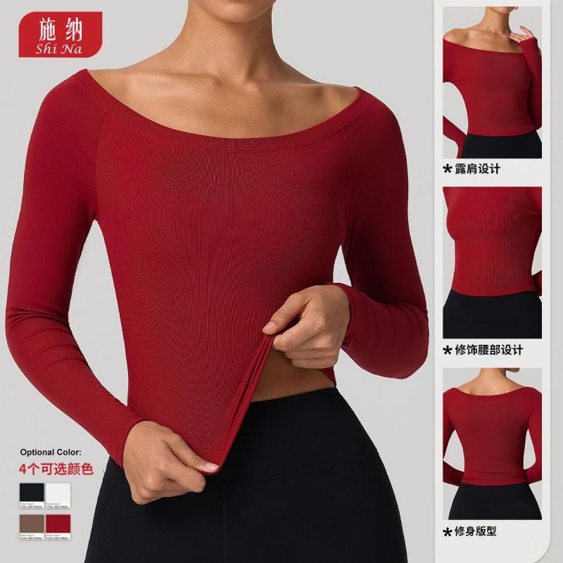 Womens Long Sleeve Yoga Top With Off-Shoulder Design Slim Fit Stretch Workout Shirt Pilates Gym Fitness