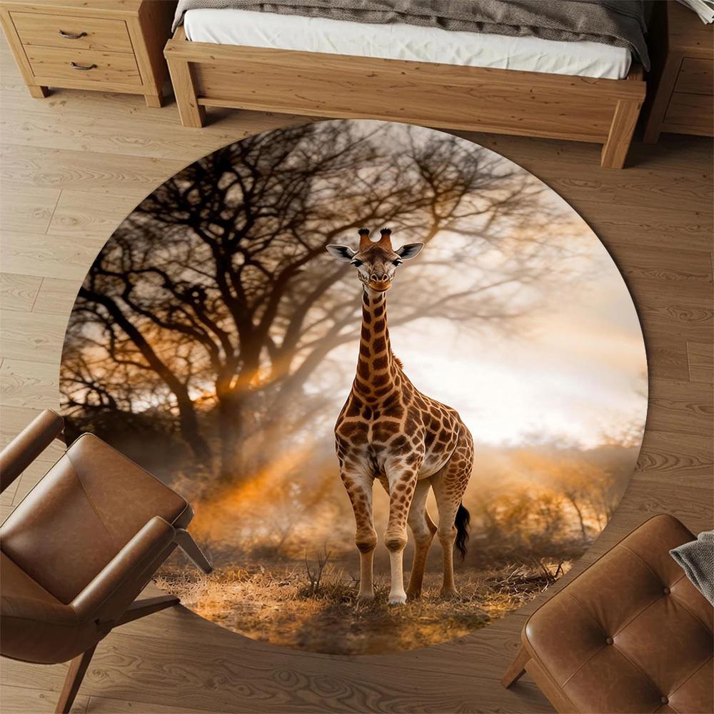 1pc Giraffe Savannah Round Chair Mat Office Area Rug - Non-Slip, Floor Mat for Office, Bedroom, and Indoor Decor P127038