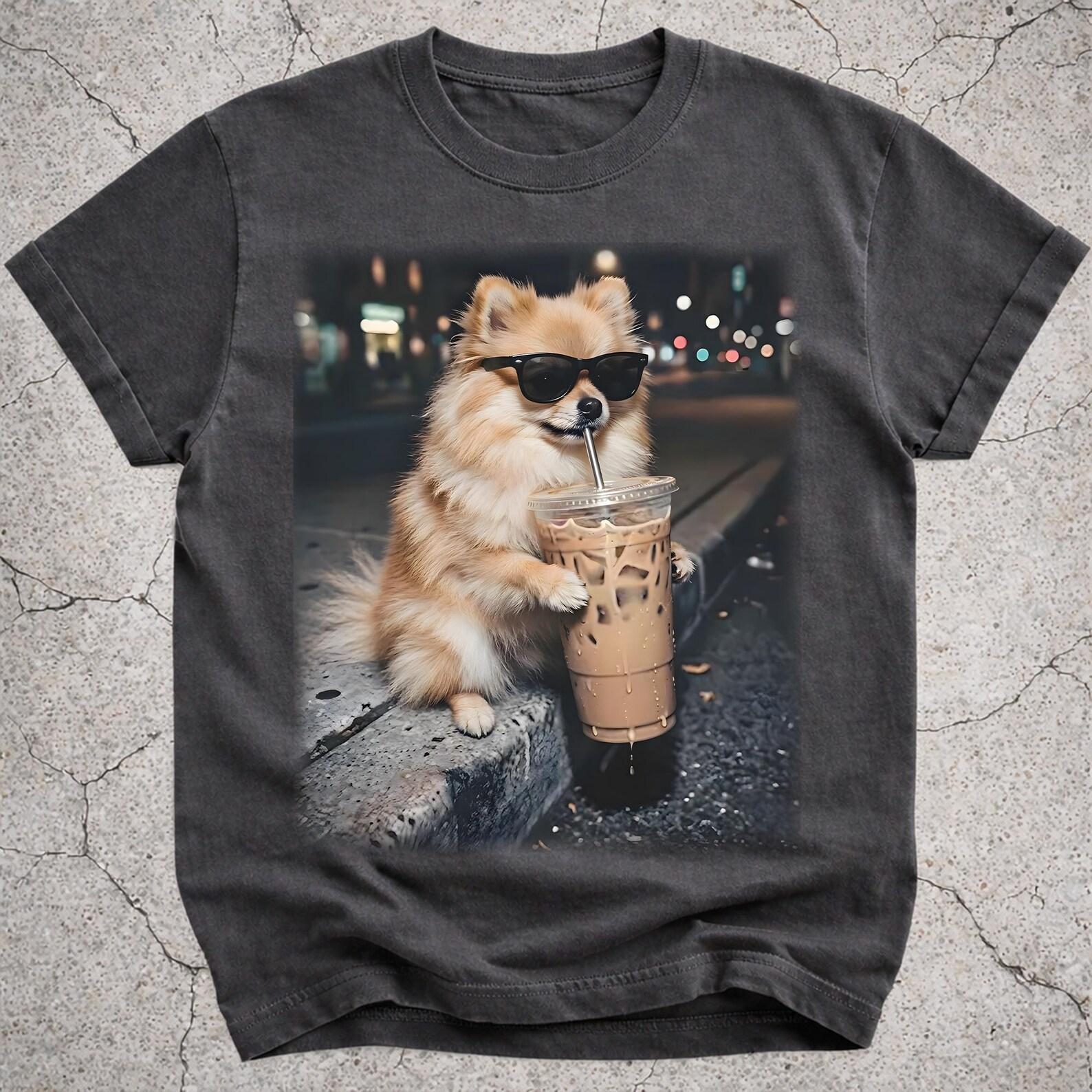 Funny Pomeranian Drinking Iced Coffee Shirt, Pom Mom Gift, Dog Lover Tee S