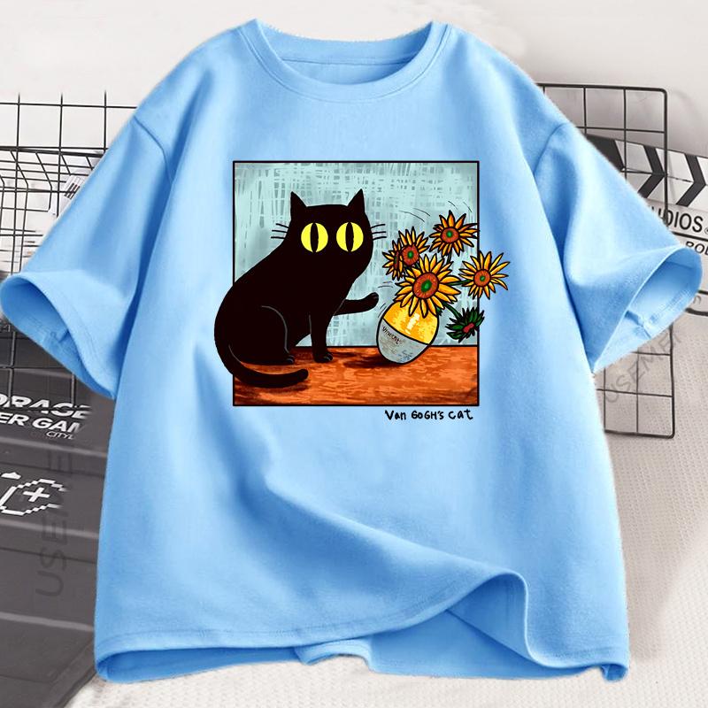 Kids Cat Graphic T Shirts Girl Boys Flower Black Cat T-shirt Round Neck Cotton Short Sleeve Trendy Tee Shirt Streetwear