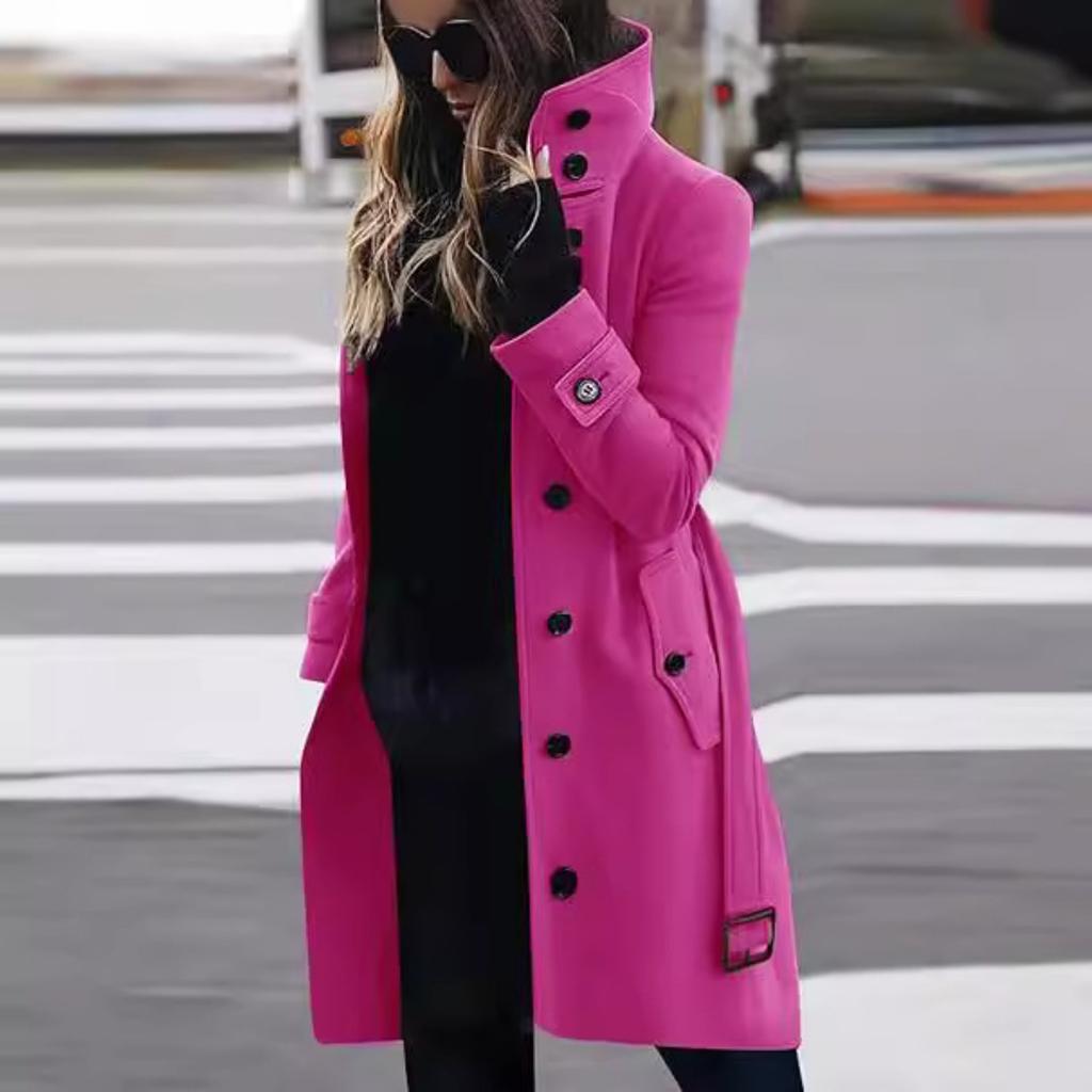 Cappotto da donna con colletto alla coreana, maniche lunghe, vestibilità aderente, misto lana, casual, monopetto, lunghezza media