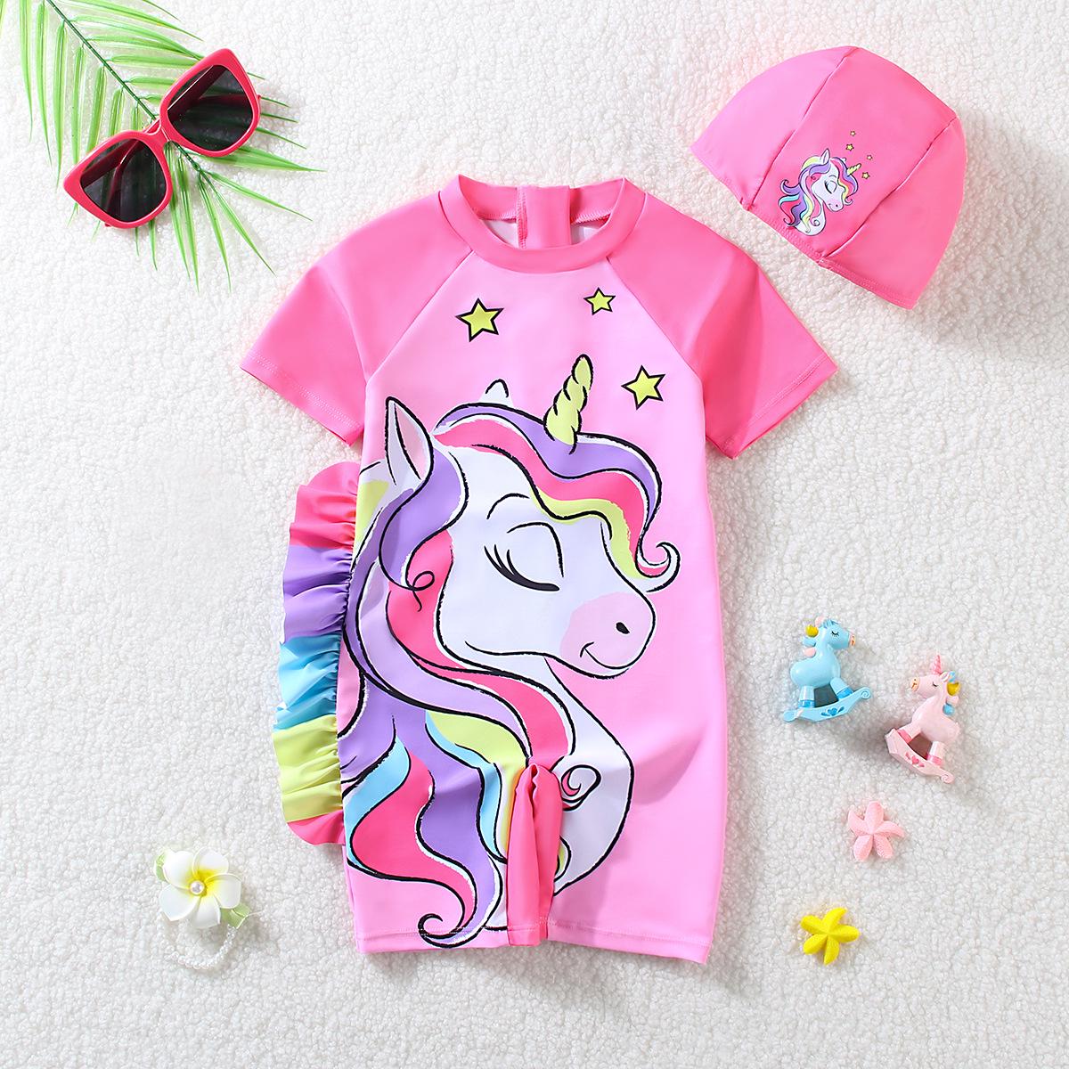 

Новый детский слитный купальник с мультяшной радужной лошадкой, защита от солнца, пляжная одежда с короткими рукавами 2025 5 Years розовый