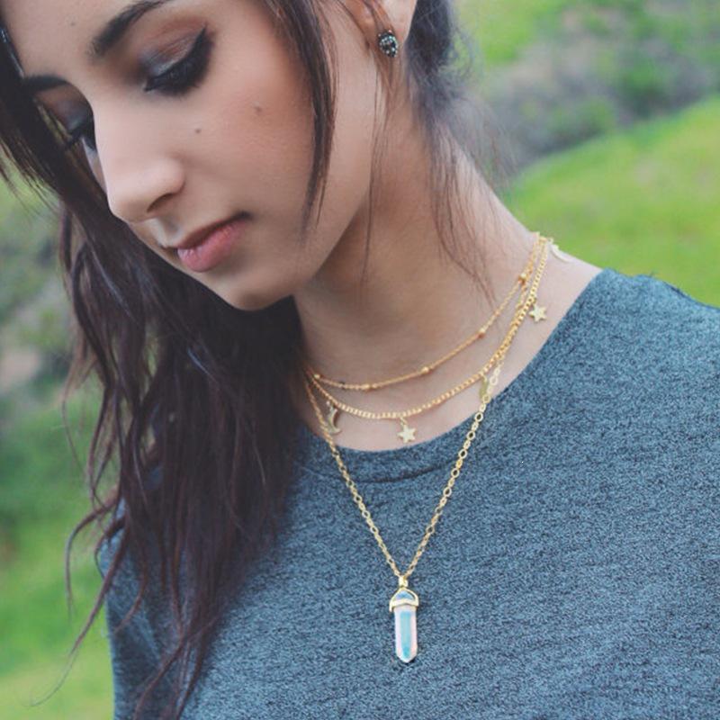 Korean Double Layer Beaded Necklace with Moon and Star Charm