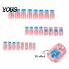 Travel Friendly Nails 24Pcs Summer Ocean Press on Nails, French Tip Flower Faux Pearl Stick-on Fake Blue Tips Salon Quality Long Glue False for Women