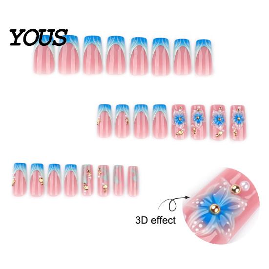 Travel Friendly Nails 24Pcs Summer Ocean Press on Nails, French Tip Flower Faux Pearl Stick-on Fake Blue Tips Salon Quality Long Glue False for Women