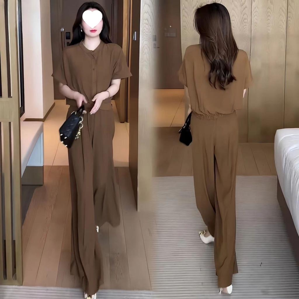 Fashionable Women's Summer Stylish Loose-fitting Slimming and Belly-covering Short-sleeved Wide-leg Pants Set