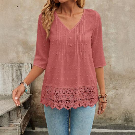 Women V-Neck Hem 45720 Sleeve Casual Shirt Jacquard Decor Solid Color