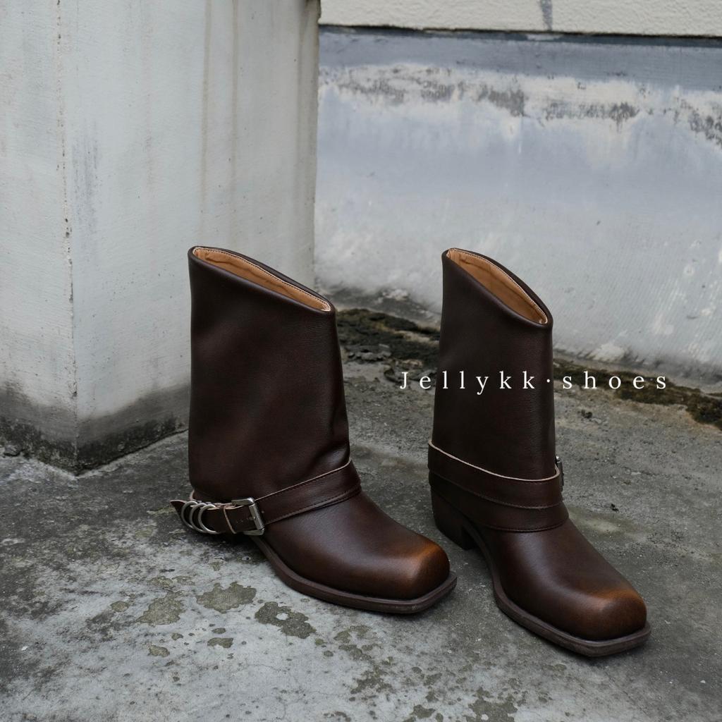 Cowhide version~ Punk street retro polished Martin boots women's 2025 square head old metal warehouse tube western boots