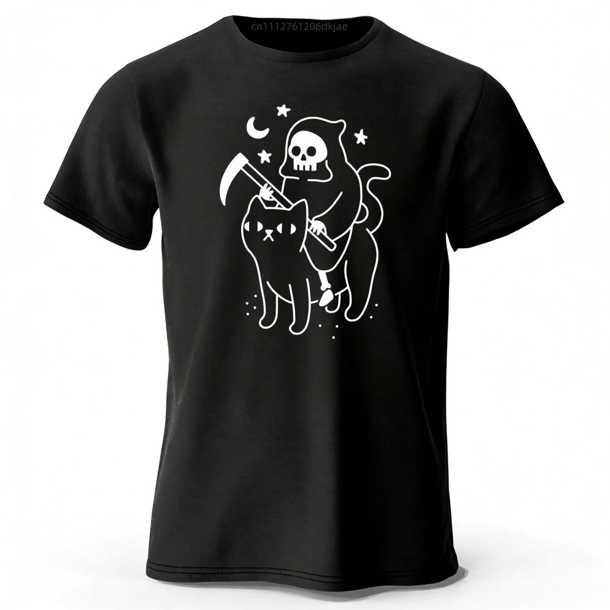 

New Cute Death Cat Pure Cotton Tshirt for Men Large Size Loose Speed Drying Sports Top for Women Casual Fashion Short Sleeve M