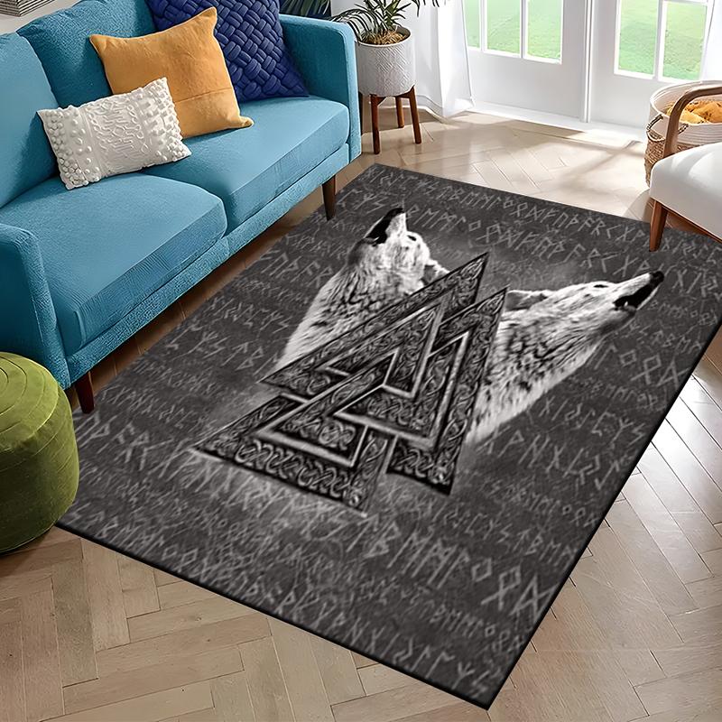 Nordisches Wikingerkrieger Symbol Walhalla Valknut Rune Motto Teppich für Schlafzimmer Wohnzimmer Sofa Zuhause Fußmatte Dekor, Rutschfeste Bodenmatte