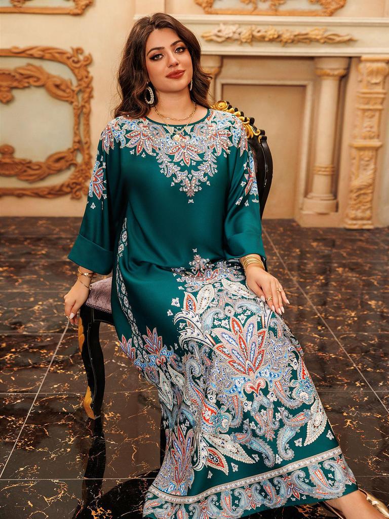 AB400 Muslim Fashion Floral Dress with Hot Drill Embellishments - Middle Eastern Style Robe for Women