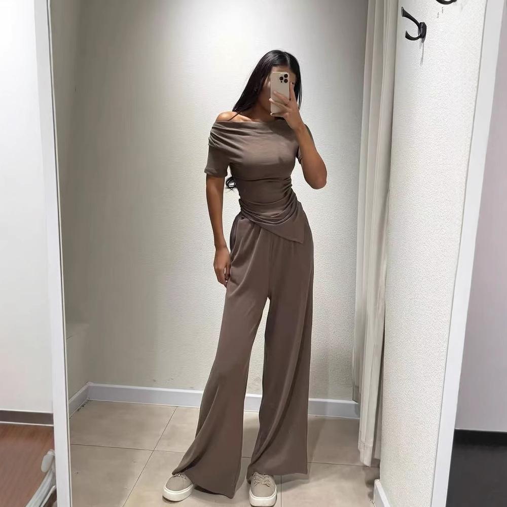 European & American Style Off-Shoulder Knit Top and Wide Leg Pant Set for Women