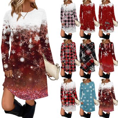 Cepli, Dekoratif Düğmeli, Noel Baskılı, Yuvarlak Yaka ve Uzun Kollu Kadın Moda Günlük Elbise