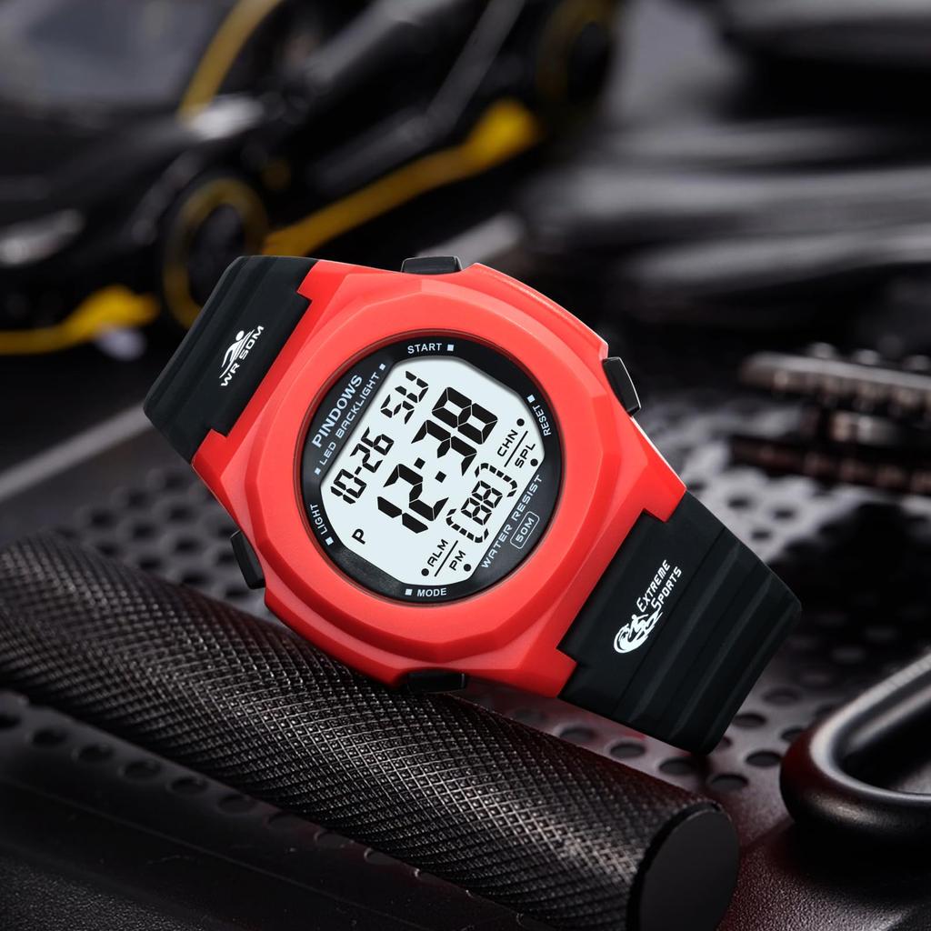 The PINDOWS digital sports watch is water resistant to 50 meters and features an LED alarm and It makes a perfect gift for any women's backlight,