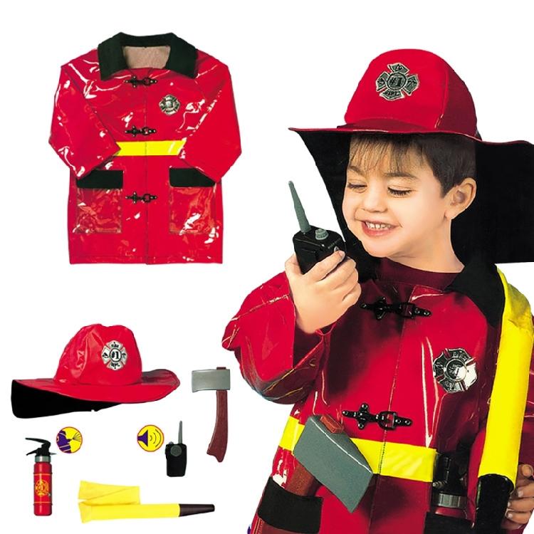 Kids Role Play Fireman Costume with Firefighter Toy Accessories Halloween Builder Worker Clothing for Boy Girl Aged 3-12