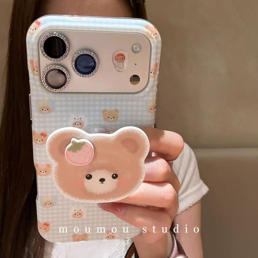 Ins Korean Blue Plaid Bear for iPhone17promax Apple 16 Mobile Phone Case 15pm Explosion 17