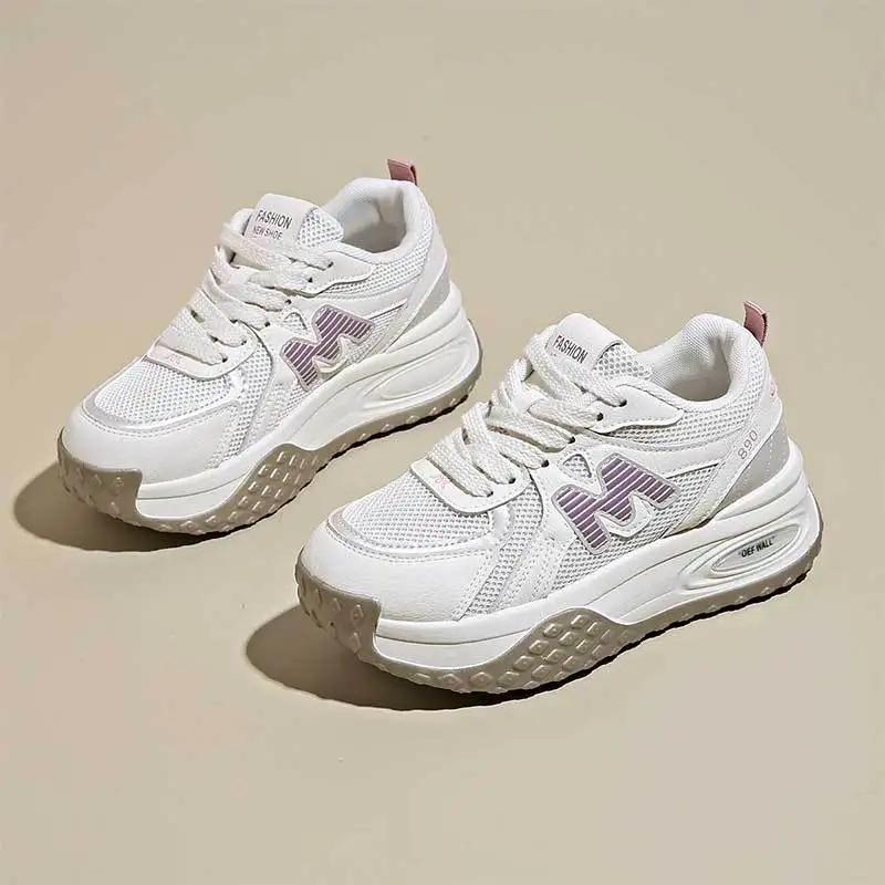 Fashion Soft Leather Mesh Sports Shoes Women 2024 Autumn New Breathable All-match Lightweight Platform Casual Shoes