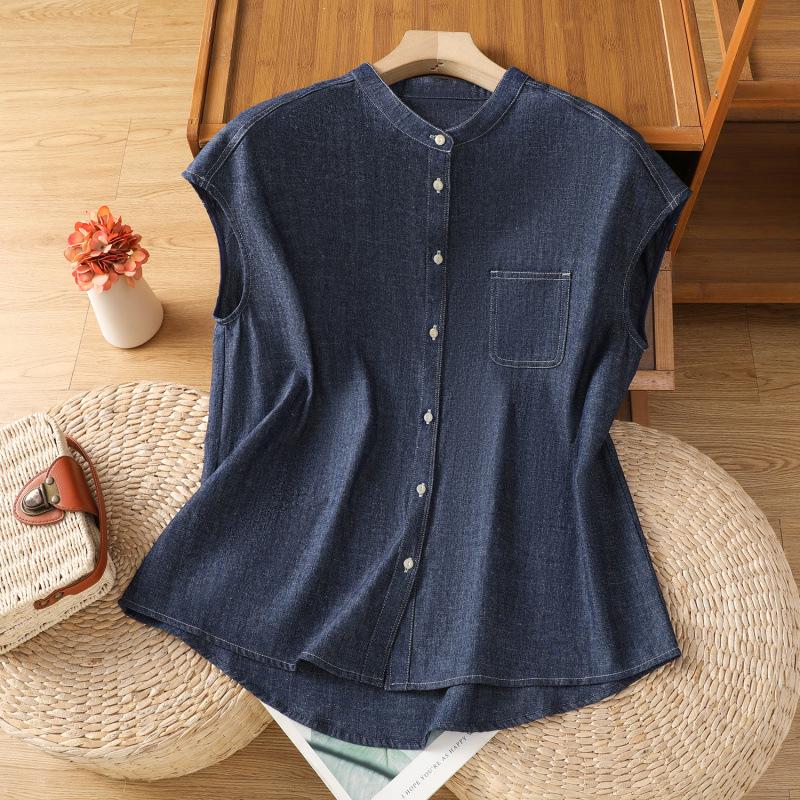 2025 Damen Retro Blau Denim Ärmelloses Sommerhemd